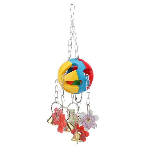 Colorful bird toy with red, blue, yellow sphere hanging from chain with bells and decorative