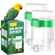 Green and white bird water dispensers with packaging box featuring colorful parrot perched on top