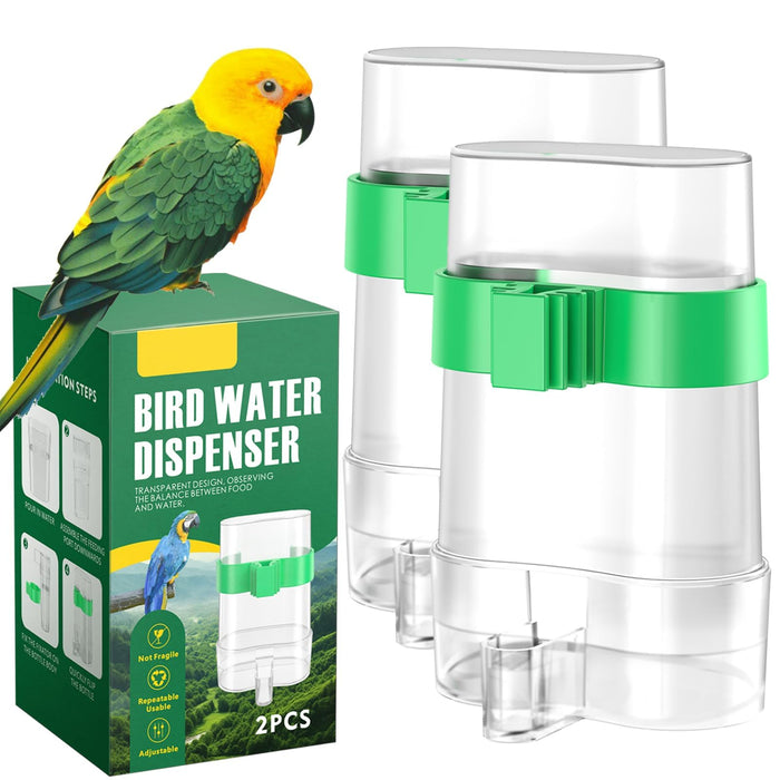 Green and white bird water dispensers with yellow parrot perched on product packaging box