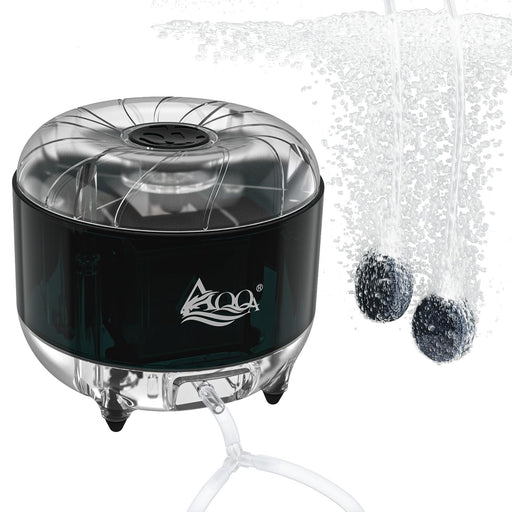 Black cylindrical aquarium air pump with clear dome top and water bubbles emerging from outlet