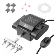 Black aquarium air pump with metal manifold, check valves, air stones and tubing accessories
