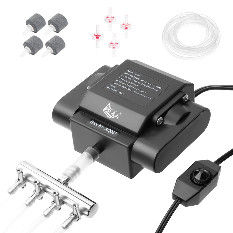 Black aquarium air pump with metal manifold, check valves, air stones and tubing accessories