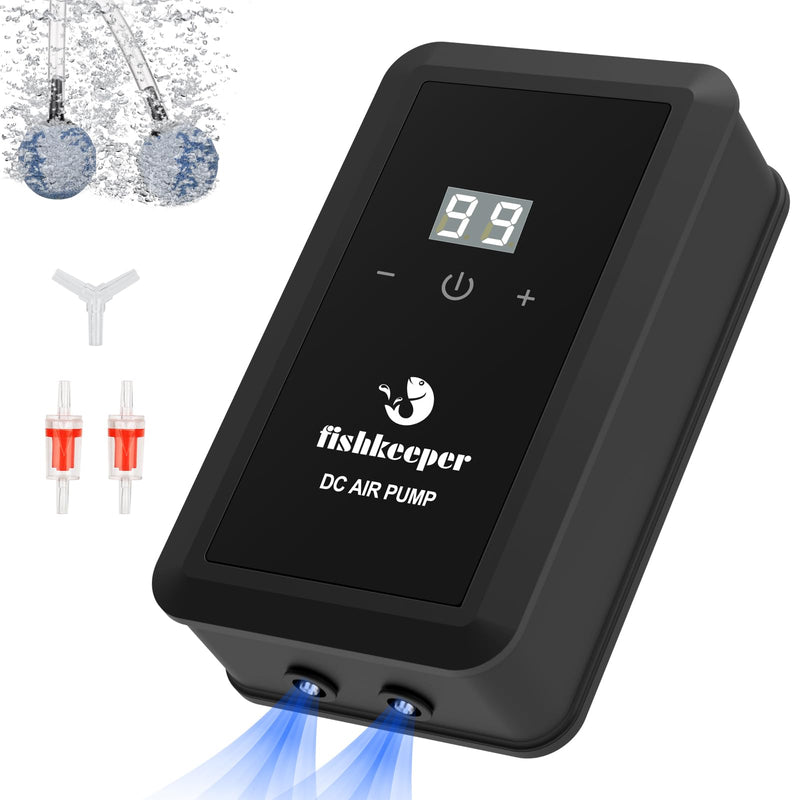 Black aquarium air pump with digital display showing 99, control buttons, and accessories