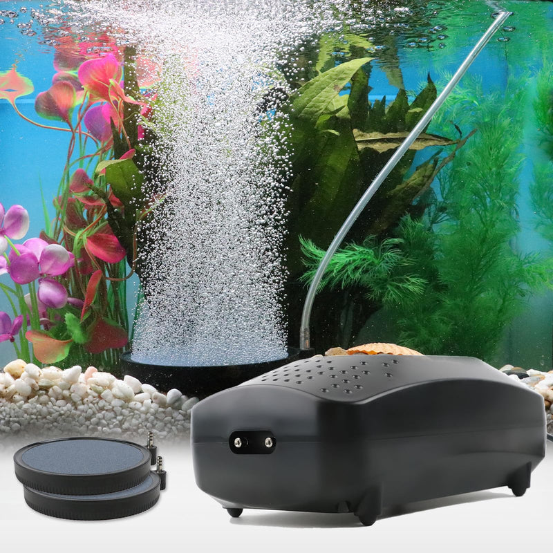 Black dual-outlet aquarium air pump with air stones beside colorful underwater aquarium scene