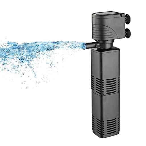 Black submersible aquarium filter with blue water spray stream showing filtration action