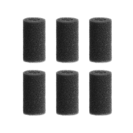 Six black cylindrical aquarium filter intake sponges arranged in two rows of three