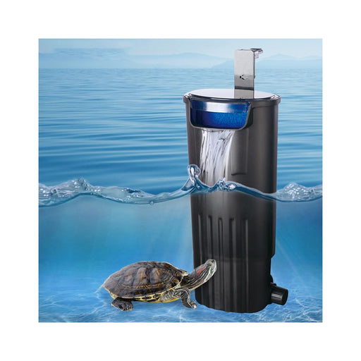 Black aquarium filter partially submerged in blue water with turtle swimming nearby