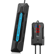 Black aquarium heater rod with blue accent stripe next to digital temperature controller unit