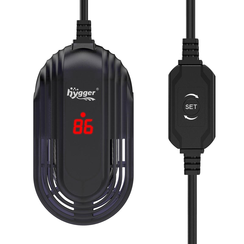 Black Hygger aquarium heater with red digital display showing 86 degrees and control unit