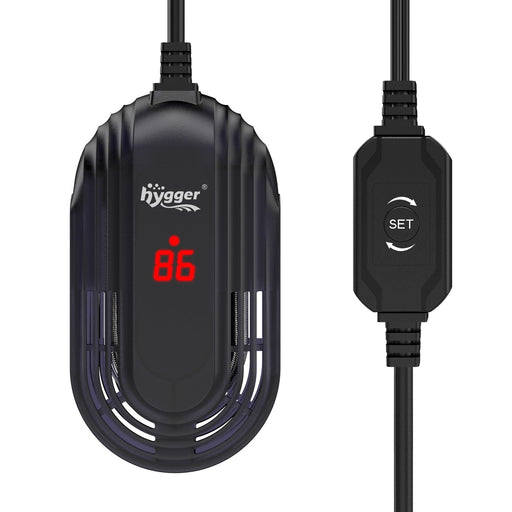 Black Hygger aquarium heater with red digital display showing 86 degrees and control unit