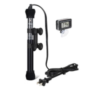 Black aquarium heater with suction cups and digital thermometer display showing 83.9 degrees