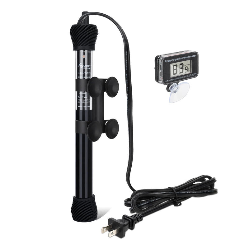 Black aquarium heater with suction cups and digital thermometer display showing 83.9 degrees