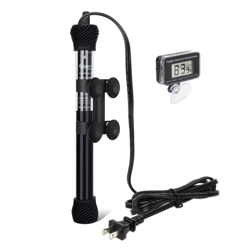 Black aquarium heater with suction cups and digital thermometer display showing 83.9 degrees