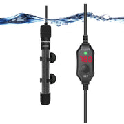 Black aquarium heater with digital controller showing 18.0 temperature display underwater