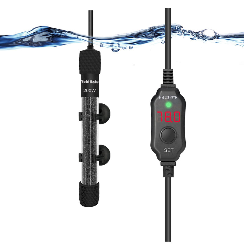 Black aquarium heater with digital controller showing 18.0 temperature display underwater