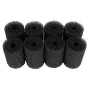 Eight black foam pre-filter sponges arranged in two rows showing their cylindrical shape