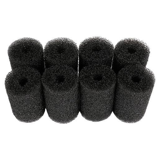 Eight black foam pre-filter sponges arranged in two rows showing their cylindrical shape