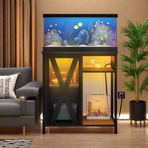 Black LED aquarium stand with marine tank on top and illuminated storage cabinet below in living