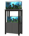 Black metal aquarium stand holding two fish tanks with green aquascaping and rock formations