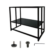 Black metal aquarium stand with two shelves shown with assembly hardware including screws and