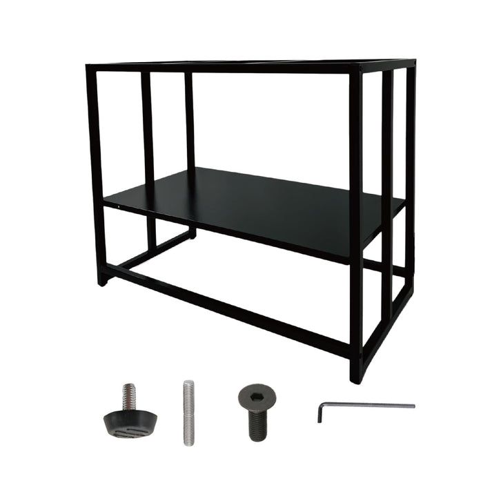 Black metal aquarium stand with two shelves shown with assembly hardware including screws and