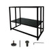 Black metal aquarium stand with two shelves shown with assembly hardware including screws and