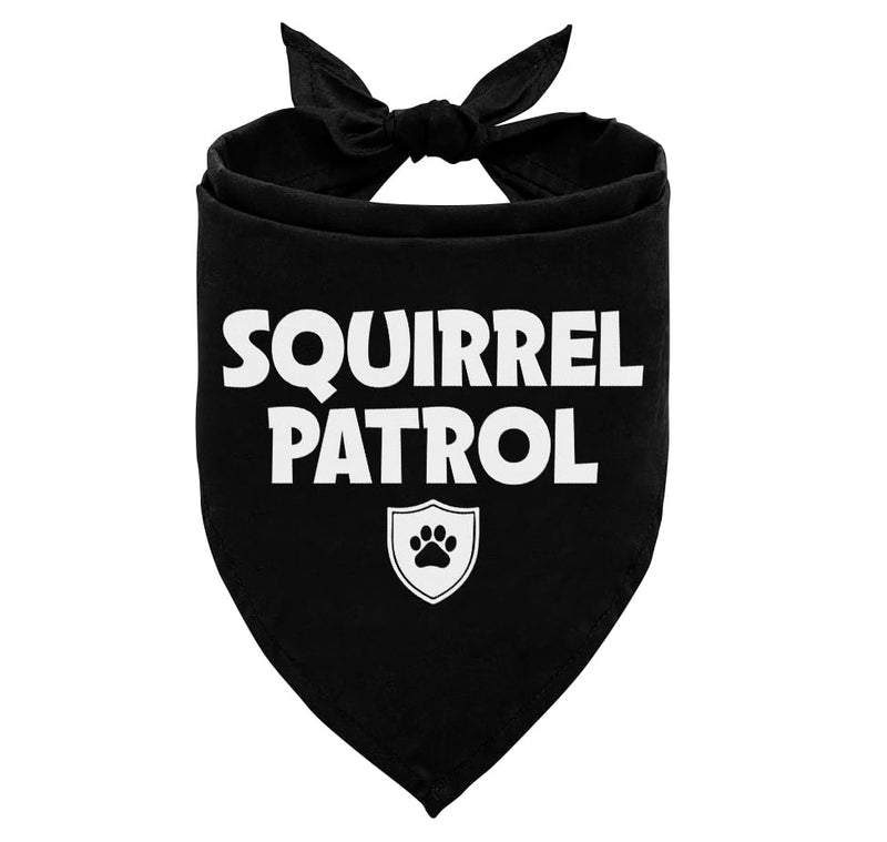 Black dog bandana with white SQUIRREL PATROL text and paw print shield logo on triangular fabric