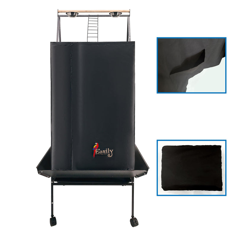 Black bird cage cover with Easily logo on wheeled stand showing pulleys and ladder mechanism