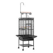 Black wrought iron bird cage with play top perch on wheeled stand, front view