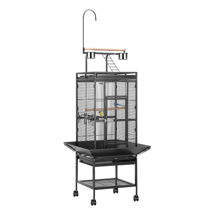 Black wrought iron bird cage with play top perch on wheeled stand, front view