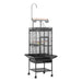 Black wrought iron bird cage with play top perch on wheeled stand, front view