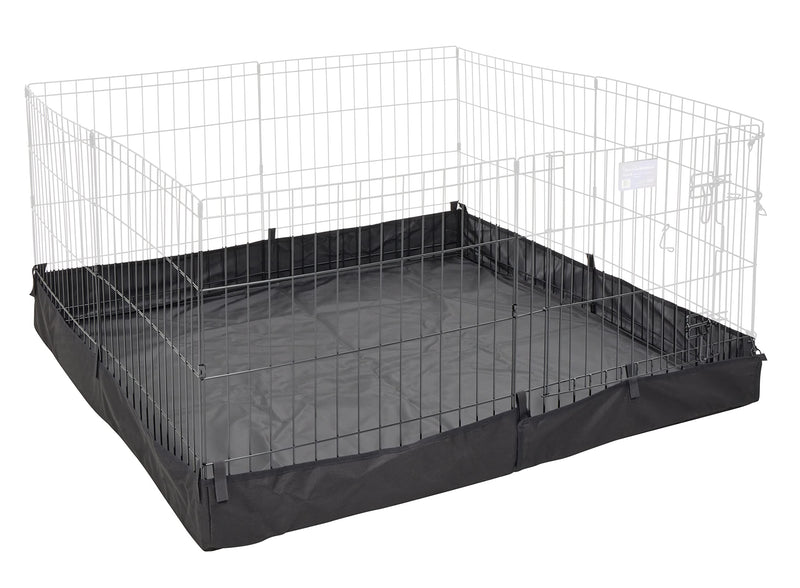 Black canvas exercise pen floor mat with white wire pen enclosure shown from angled view