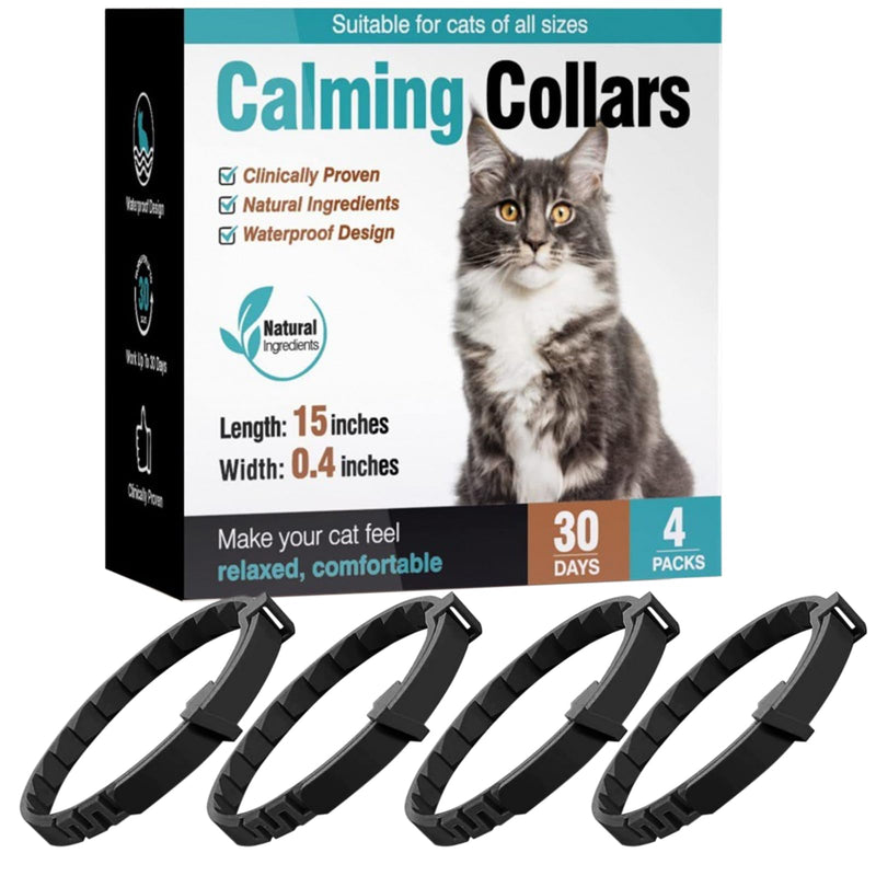 4-pack black cat calming collars with product box showing a fluffy gray cat