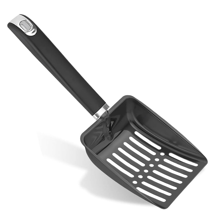 Black cat litter scoop with long handle and slotted scooping surface shown at an angle