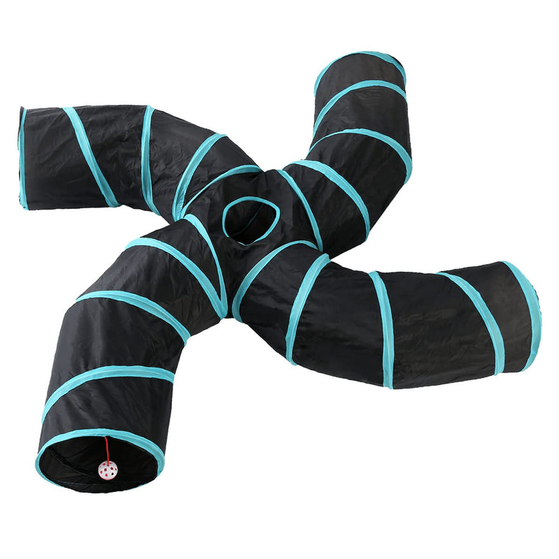 Black collapsible cat tunnel with turquoise trim featuring 5-way interconnected tubes and