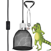 Black mesh ceramic heat lamp fixture with protective guard and cartoon iguana illustration