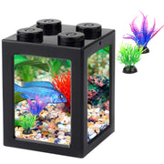 Black cube-shaped mini aquarium with colorful fish and artificial coral plants, LEGO-style top