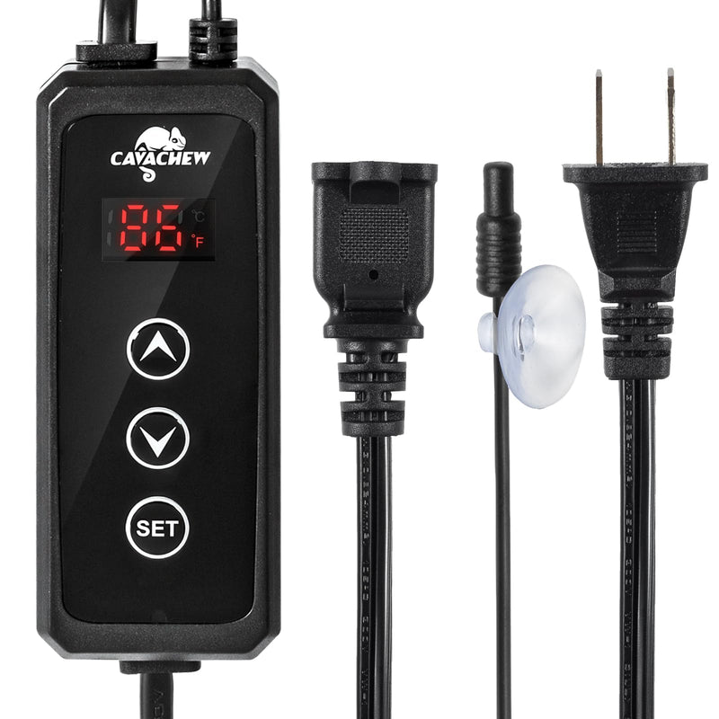 Black Cayachew digital reptile thermostat controller with LED display showing 86°F and control