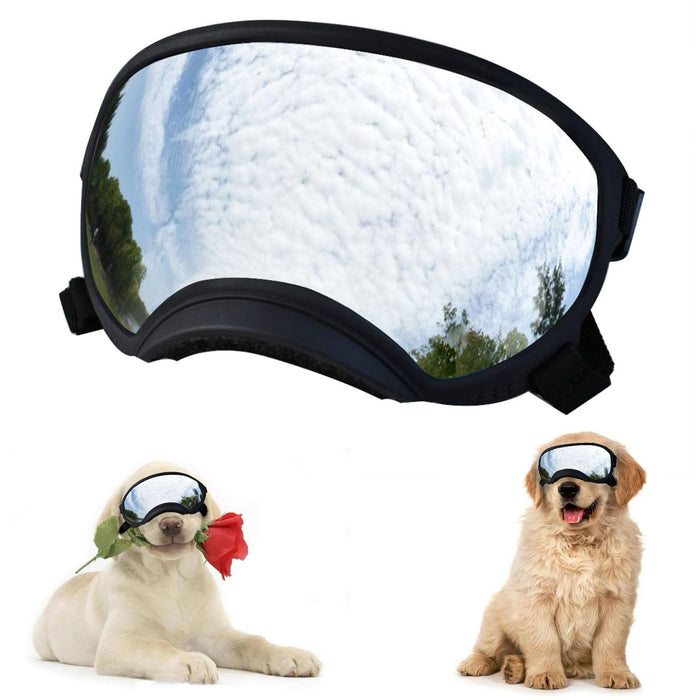 Black dog goggles with mirrored lenses reflecting sky and trees, shown with two dogs wearing them