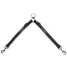 Black adjustable double dog leash coupler with white stitching and metal clips on white background