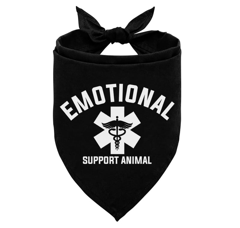 Black dog bandana with white text reading Emotional Support Animal and medical cross symbol