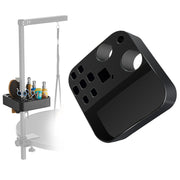 Black portable dog grooming tool organizer with multiple compartments mounted on grooming arm