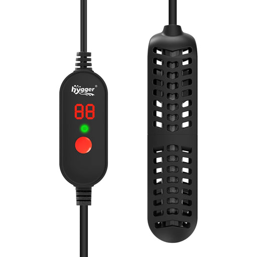 Black Hygger aquarium heater with digital display showing 88 and cylindrical heating element