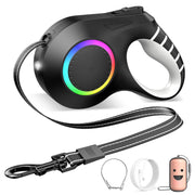 Black retractable dog leash with colorful LED light ring and white handle, shown with accessories