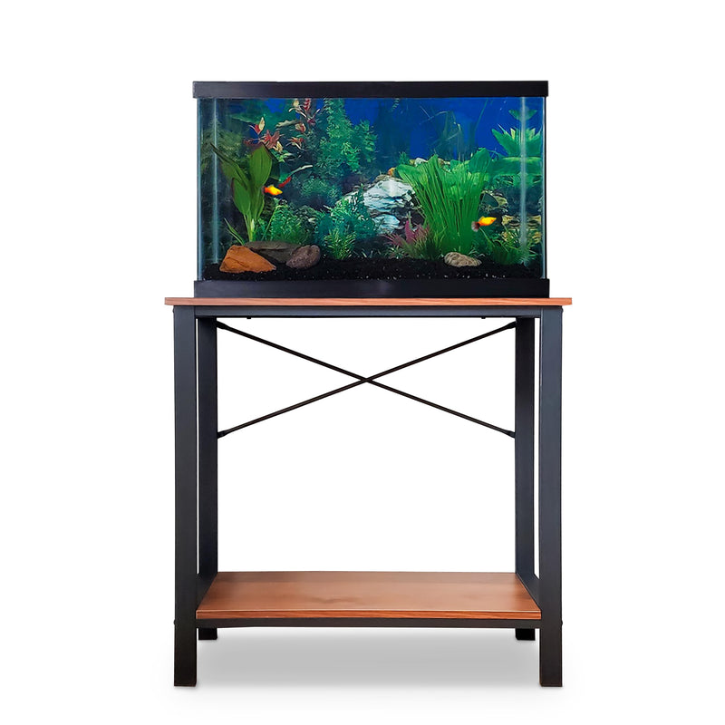 Black metal aquarium stand with wood shelves supporting colorful fish tank with plants and fish