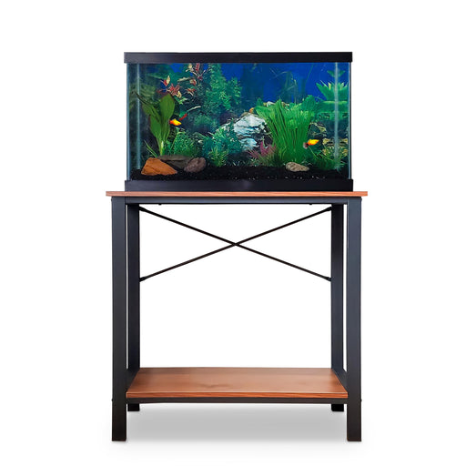Black metal aquarium stand with wood shelves supporting colorful fish tank with plants and fish