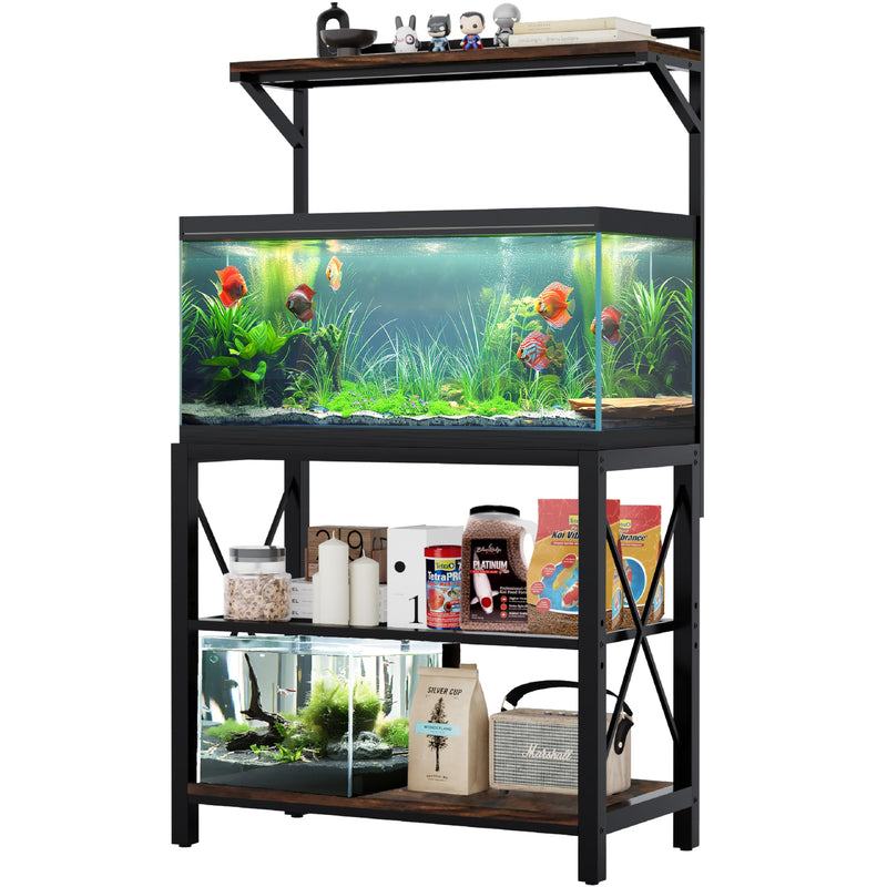 Black metal aquarium stand with two fish tanks, storage shelves, and decorative figurines on top
