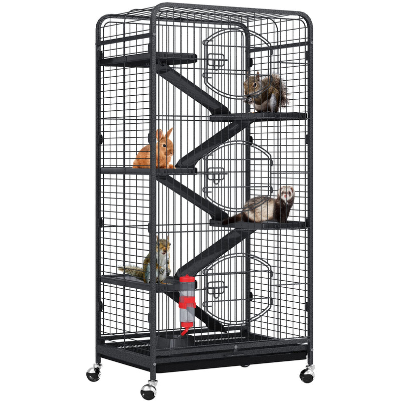 Black multi-level small animal cage with platforms, ramps, and small animals on different levels
