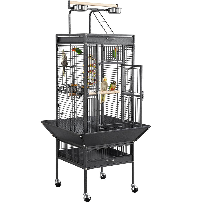 Large black wrought iron parrot cage on wheels with colorful birds inside and play top