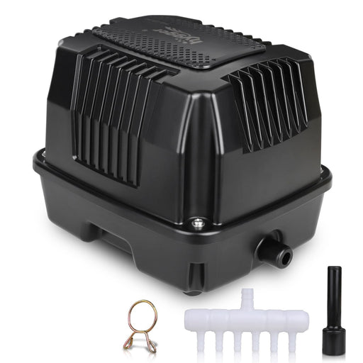Black pond aerator air pump with ventilation fins and included accessories on white background